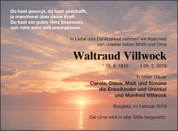Traueranzeige von Waltraud Villwock von Strelitzer Zeitung