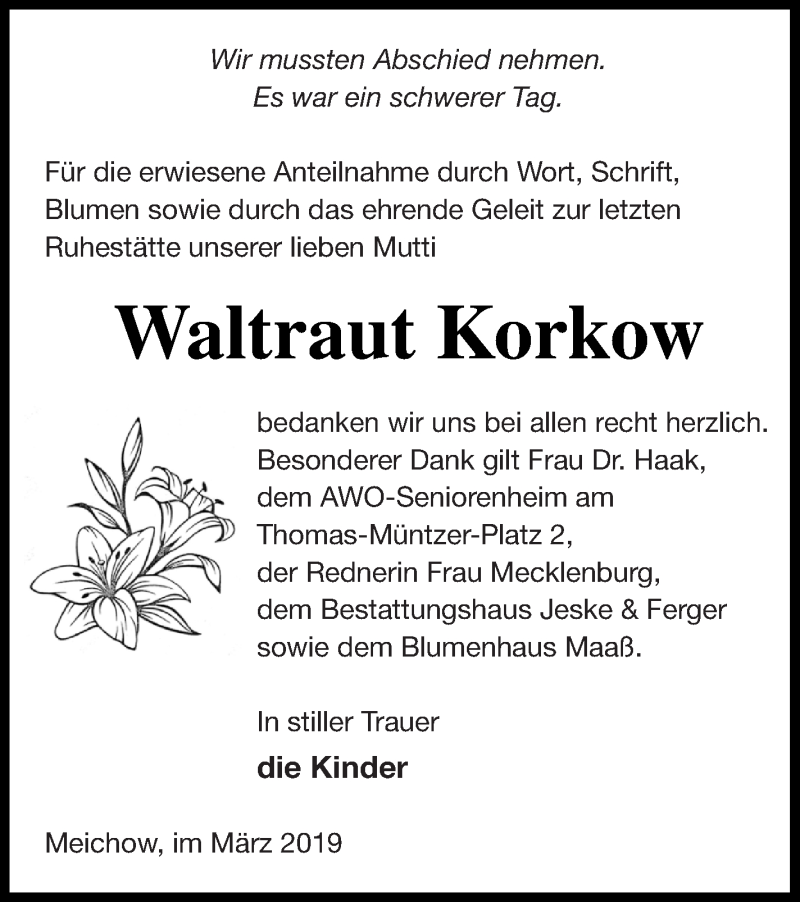  Traueranzeige für Waltraut Korkow vom 08.03.2019 aus Prenzlauer Zeitung