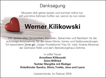 Traueranzeige von Werner Kilikowski von Haff-Zeitung