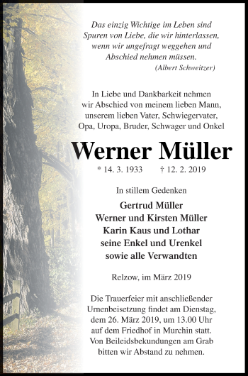 Traueranzeige von Werner Müller von Vorpommern Kurier