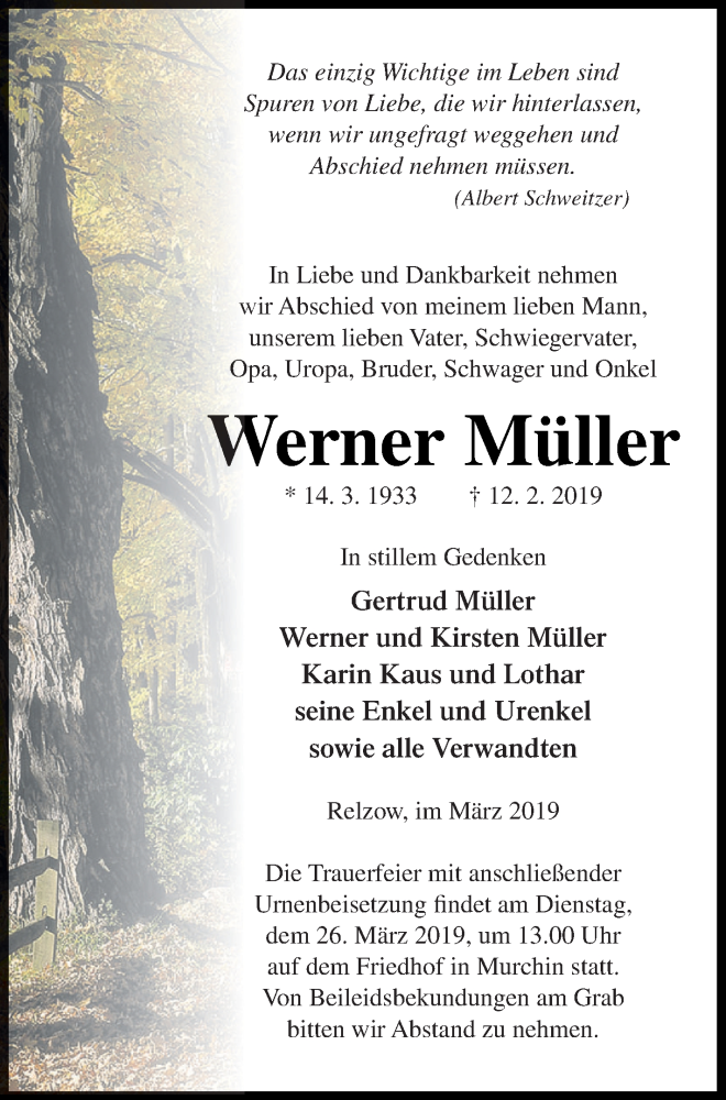  Traueranzeige für Werner Müller vom 16.03.2019 aus Vorpommern Kurier