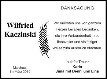 Traueranzeige von Wilfried Kaczinski von Müritz-Zeitung