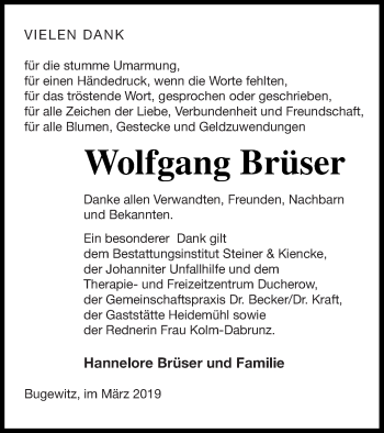 Traueranzeige von Wolfgang Brüser von Vorpommern Kurier