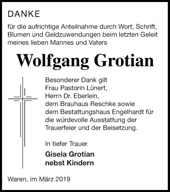 Traueranzeige von Wolfgang Grotian von Müritz-Zeitung