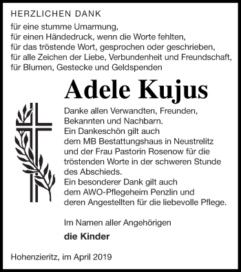 Traueranzeige von Adele Kujus von Strelitzer Zeitung