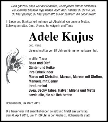 Traueranzeige von Adele Kujus von Strelitzer Zeitung