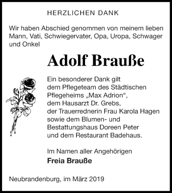 Traueranzeige von Adolf Brauße von Neubrandenburger Zeitung
