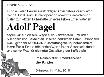 Traueranzeige von Adolf Pagel von Prenzlauer Zeitung