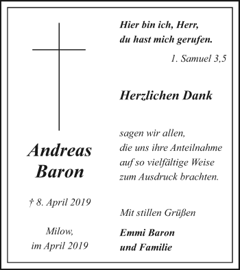 Traueranzeige von Andreas Baron von Pasewalker Zeitung