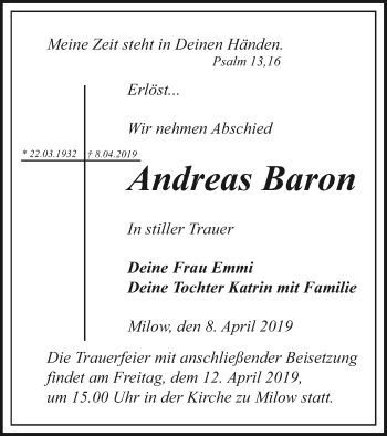 Traueranzeige von Andreas Baron von Pasewalker Zeitung