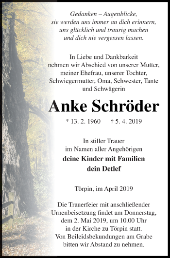 Traueranzeige von Anke Schröder von Demminer Zeitung