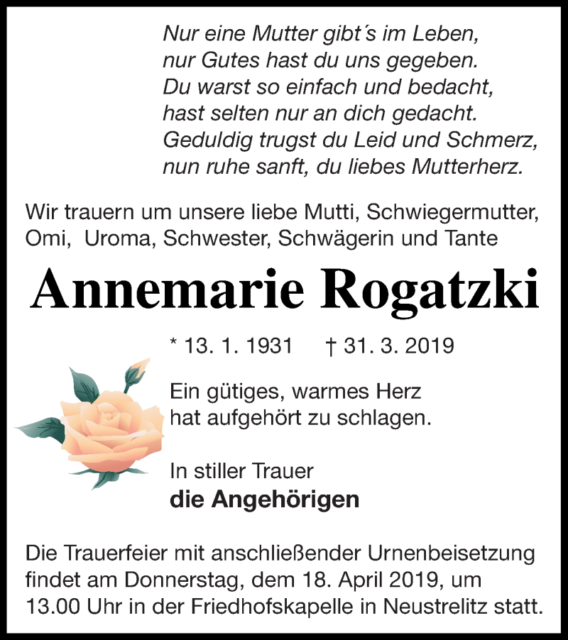  Traueranzeige für Annemarie Rogatzki vom 06.04.2019 aus Strelitzer Zeitung