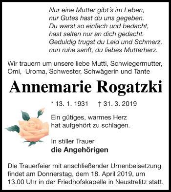 Traueranzeige von Annemarie Rogatzki von Strelitzer Zeitung