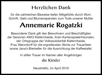 Traueranzeige von Annemarie Rogatzki von Strelitzer Zeitung