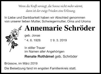 Traueranzeige von Annemarie Schröder von Prenzlauer Zeitung