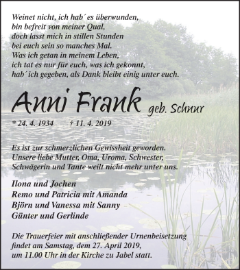 Traueranzeige von Anni Frank von Müritz-Zeitung