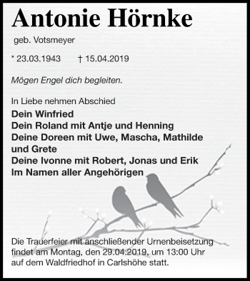 Traueranzeige von Antonie Hörnke von Müritz-Zeitung