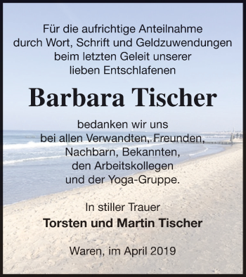 Traueranzeige von Barbara Tischer von Müritz-Zeitung
