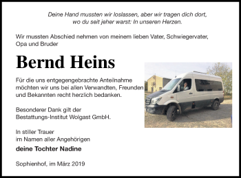 Traueranzeige von Bernd Heins von Müritz-Zeitung