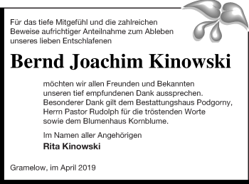 Traueranzeige von Bernd Joachim Kinowski von Neubrandenburger Zeitung