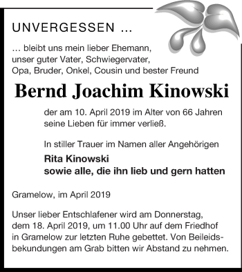 Traueranzeige von Bernd Joachim Kinowski von Neubrandenburger Zeitung