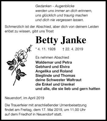 Traueranzeige von Betty Janke von Neubrandenburger Zeitung