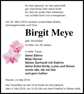 Traueranzeige von Birgit Meye von Müritz-Zeitung