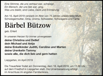 Traueranzeige von Bärbel Bützow von Haff-Zeitung