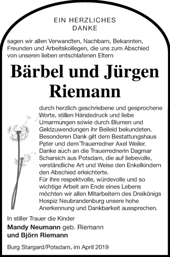 Traueranzeige von Bärbel Riemann von Haff-Zeitung