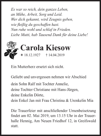 Traueranzeige von Carola Kiesow von Zeitung für die Landeshauptstadt