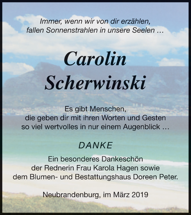  Traueranzeige für Carolin Scherwinski vom 10.04.2019 aus Neubrandenburger Zeitung