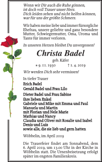 Traueranzeige von Christa Badel von Ludwigsluster Tageblatt