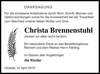 Traueranzeige von Christa Brennenstuhl von Demminer Zeitung