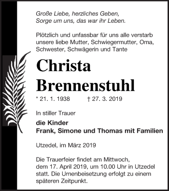 Traueranzeige von Christa Brennenstuhl von Demminer Zeitung