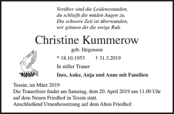 Traueranzeige von Christine Kummerow von Norddeutsche Neueste Nachrichten