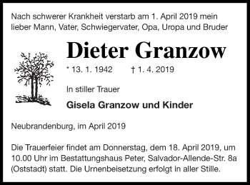 Traueranzeige von Dieter Granzow von Neubrandenburger Zeitung