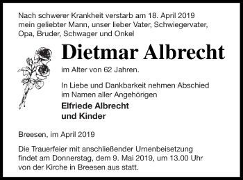 Traueranzeige von Dietmar Albrecht von Neubrandenburger Zeitung