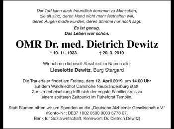 Traueranzeige von Dietrich Dewitz von Neubrandenburger Zeitung