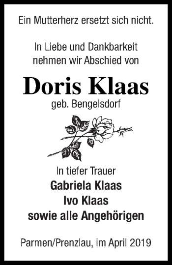 Traueranzeige von Doris Klaas von Prenzlauer Zeitung