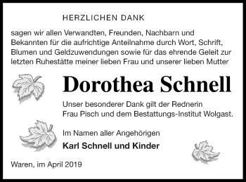 Traueranzeige von Dorothea Schnell von Müritz-Zeitung