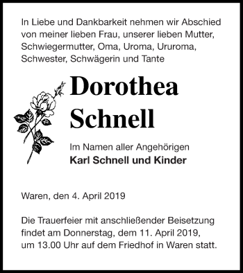 Traueranzeige von Dorothea Schnell von Müritz-Zeitung