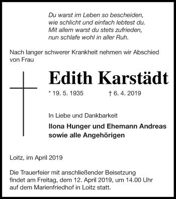 Traueranzeige von Edith Karstädt von Vorpommern Kurier