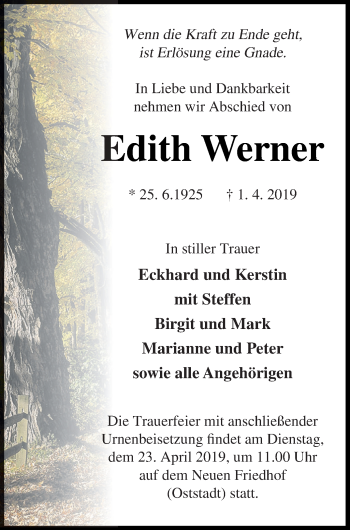 Traueranzeige von Edith Werner von Neubrandenburger Zeitung