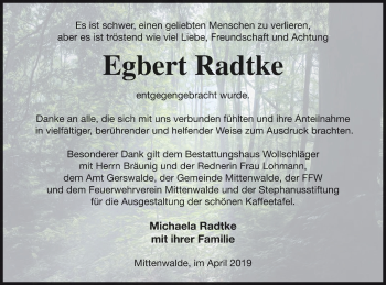 Traueranzeige von Egbert Radtke von Templiner Zeitung