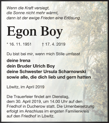 Traueranzeige von Egon Boy von Vorpommern Kurier