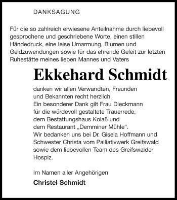 Traueranzeige von Ekkehard Schmidt von Demminer Zeitung