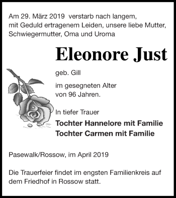 Traueranzeige von Eleonore Just von Pasewalker Zeitung