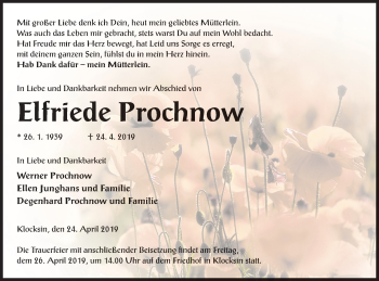 Traueranzeige von Elfriede Prochnow von Müritz-Zeitung