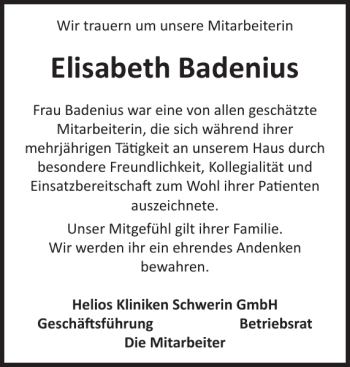 Traueranzeige von Elisabeth Badenius von Zeitung für die Landeshauptstadt