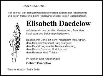 Traueranzeige von Elisabeth Daedelow von Neubrandenburger Zeitung